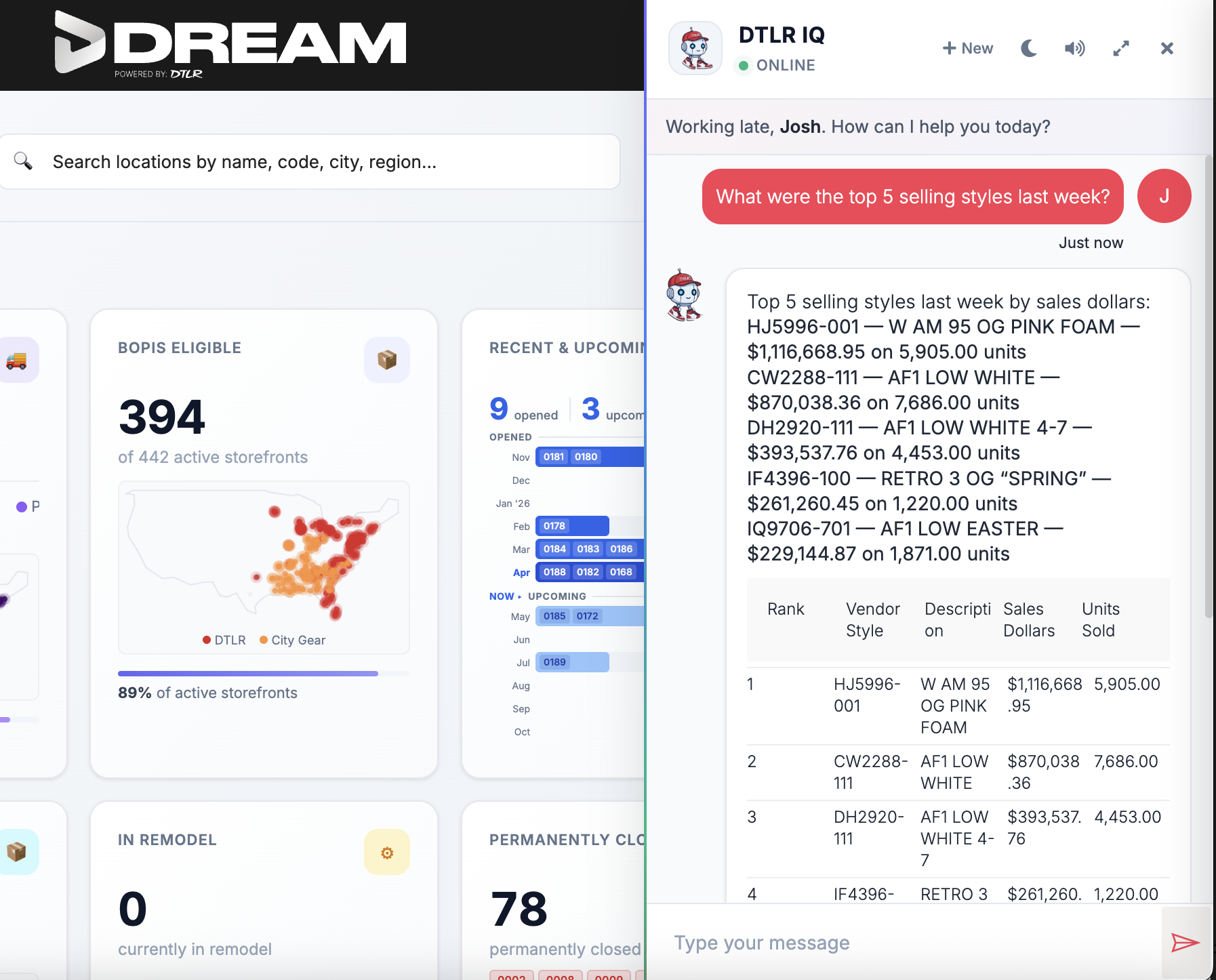 <strong>DTLR IQ in DREAM &mdash; Live Data Query:</strong> 'Top 5 selling styles last week' answered with live database response &mdash; sales dollars and units. No SQL required, just natural language.